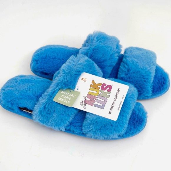NWT Muk Luks Blue Double-Strap Plush Slippers - sz 8 - Picture 4 of 6